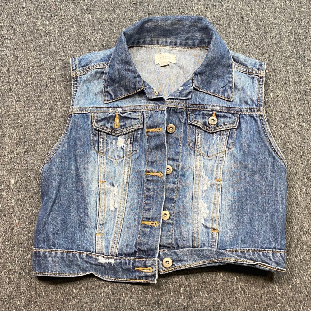 Cest Toi Denim Vest Sz M Womens Blue Grunge Distressed Cropped Sleeveless Jacket